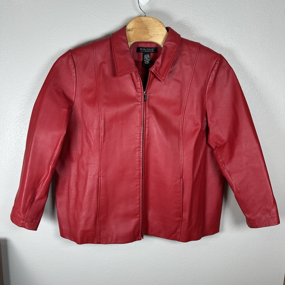 DIALOGUE Red Leather Full Zip Jacket Women's Plus Size 3X Classic